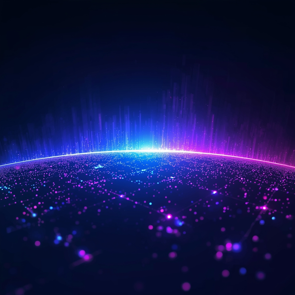 Abstract representation of 'The Edge', a glowing digital horizon where physical hardware meets ethereal data streams, vibrant blue and purple gradients, futuristic technology concept, no people